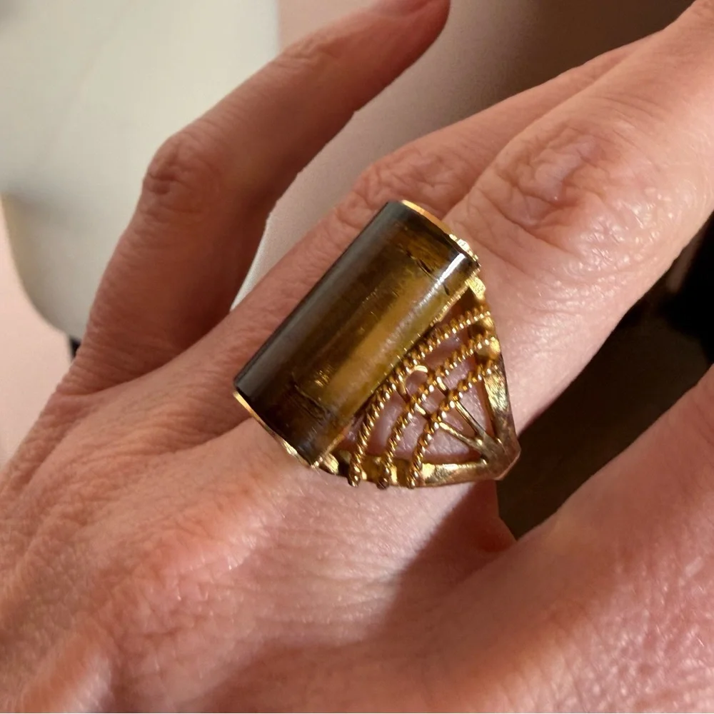 Vintage art deco Smoky Quartz cabochon gold plated oversized cocktail Ring